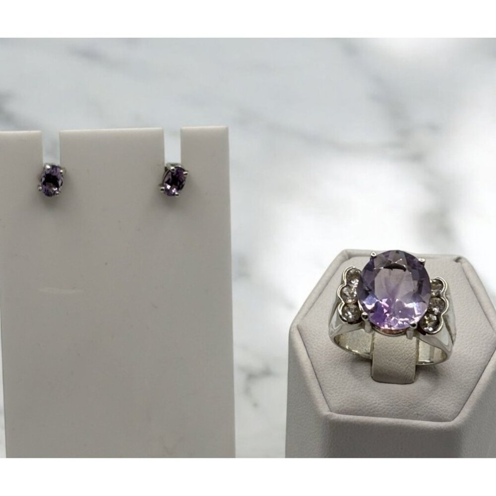 Genuine Amethyst & White Topaz Ring  925
